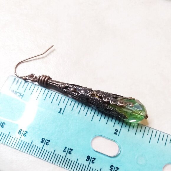 Extra Long! Fall!!! Extra Gorgeous! Copper Filigree & Green Glass Danglers! - Picture 5 of 7